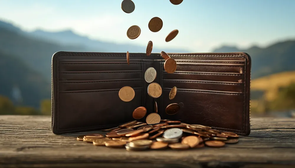 professional photo of Imagen metafórica del alto costo de vida_ una billetera vacía abierta con monedas cayendo, sobre un fondo que muestra sutilmente paisajes serranos de Calamuchita, luz natural, estilo fotográ