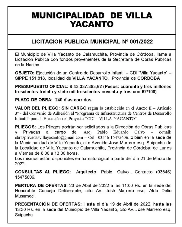 AVISO LLAMADO A LICITACION CDI